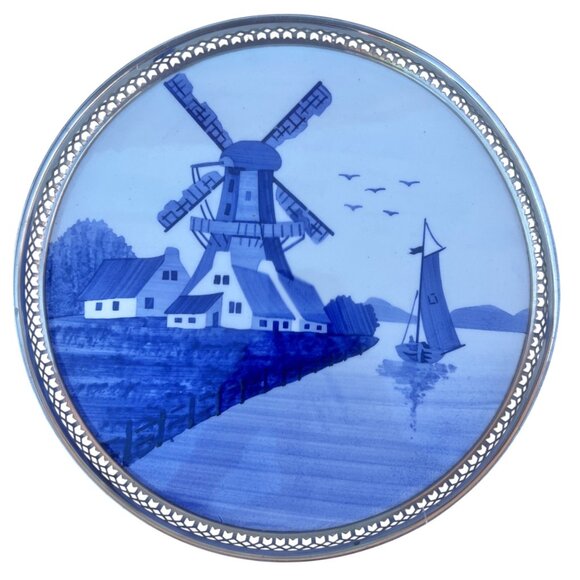 Vintage Delft Blue Windmill Scene Tray & 5 Coasters With Filigree Sides Marked G - Picture 2 of 16